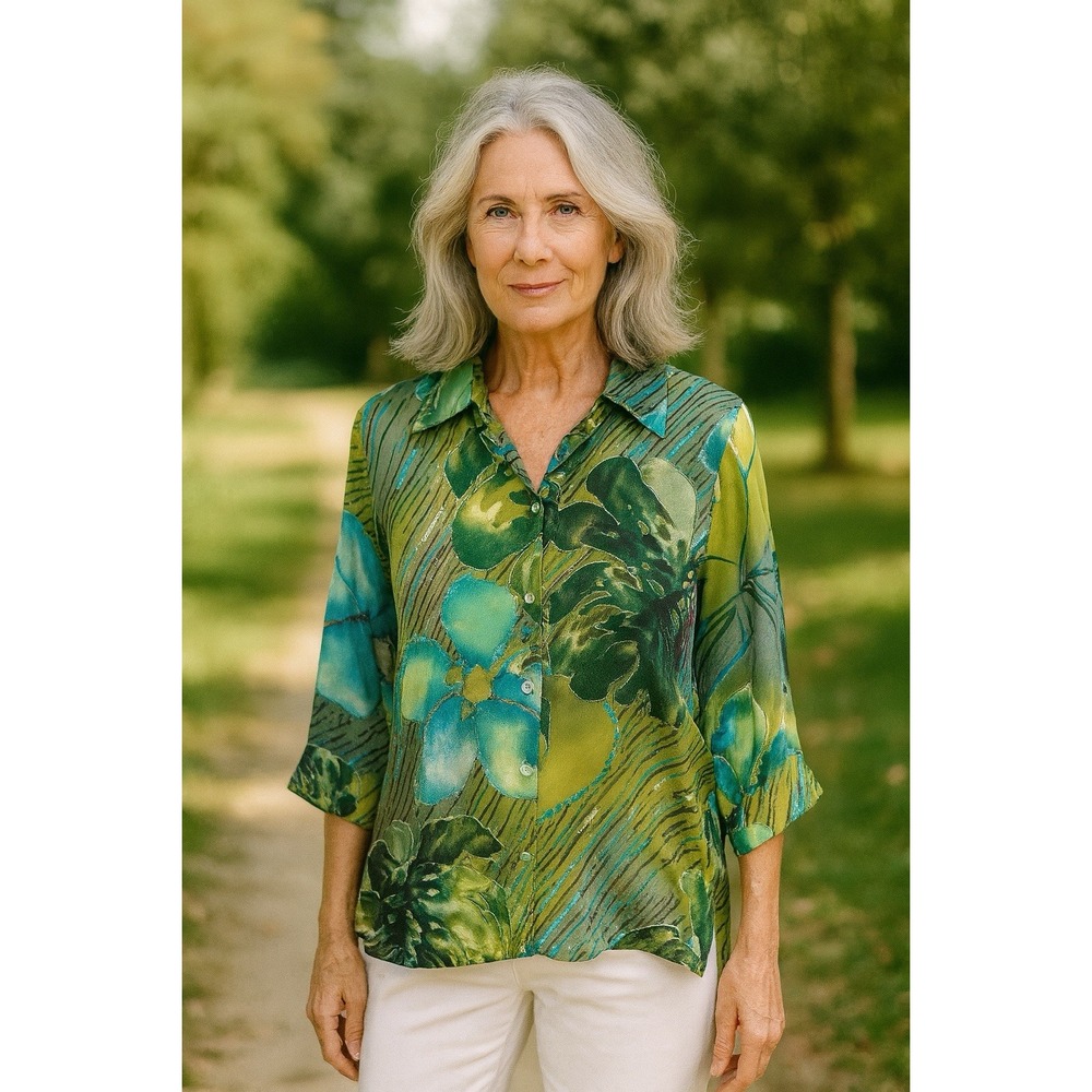 Velvet Burnout Floral Button Up Blouse Womens Large Green Artsy Maximalism Party